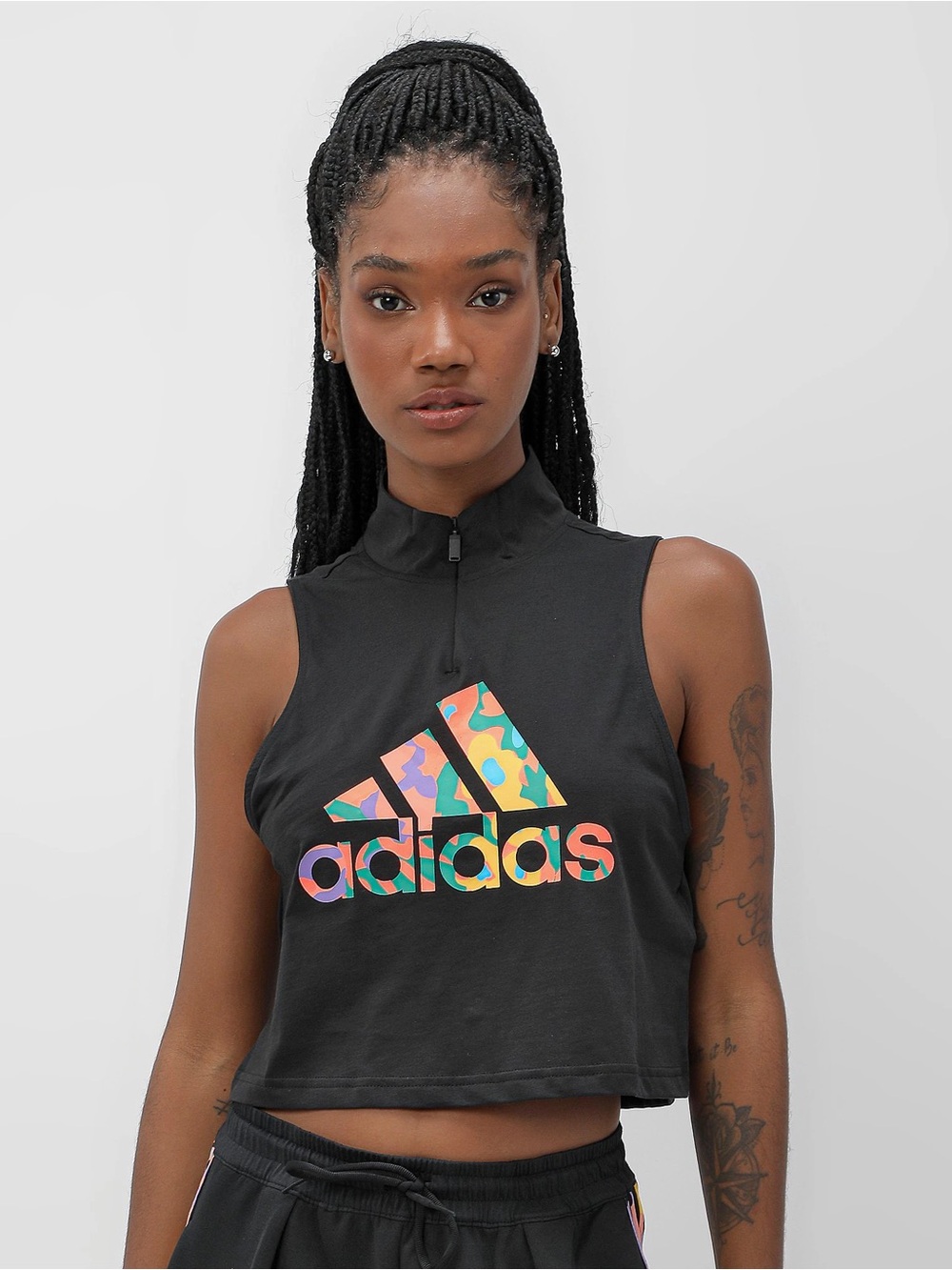 adidas Black Cropped Sleeveless Logo Tank with Multicolor Print